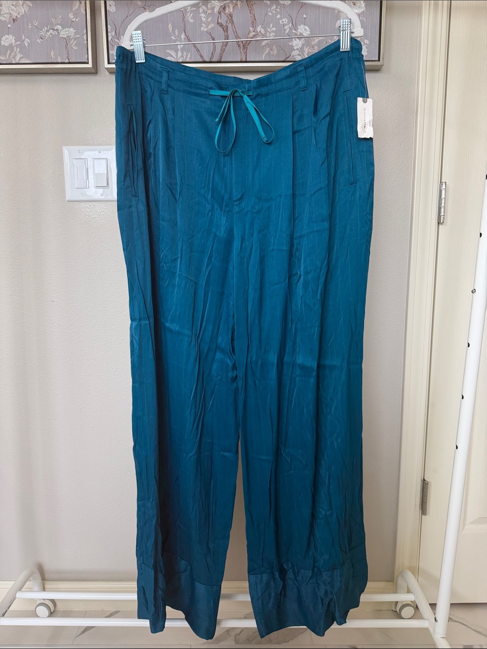 elevenses Teal Turquoise Lined Satin Wide-leg Pants from Anthropology